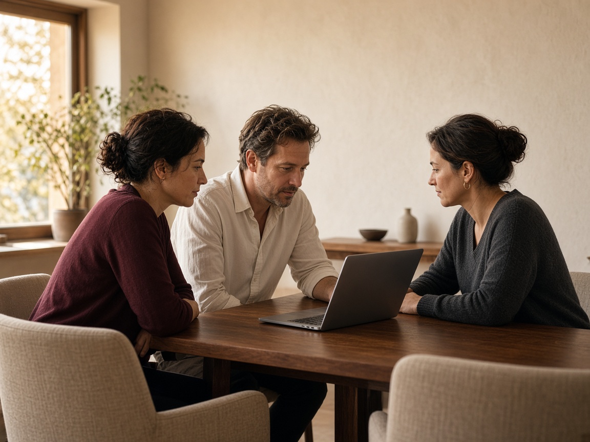 Three colleagues reviewing a plan around a laptop