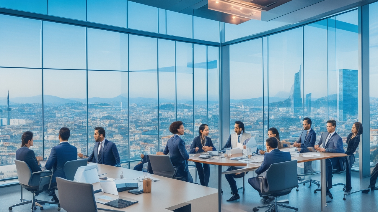 A diverse group of business professionals in a modern office overlooking Istanbul’s skyline, engaged in a strategic meeting with digital charts and global maps subtly reflected on glass windows, conveying innovation, legal compliance, and workforce planning in Turkey’s dynamic market.