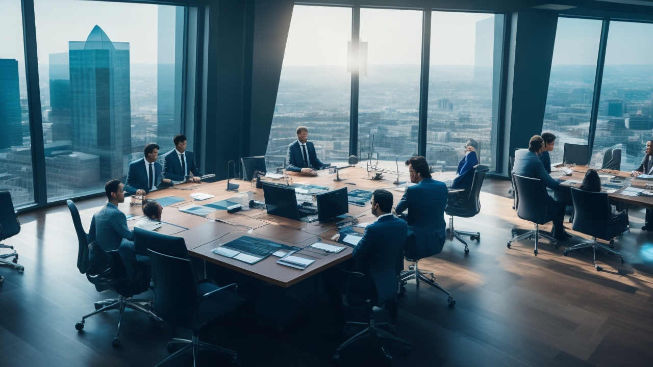 A cinematic, high-angle office scene showing a diverse group of professionals engaged in a dynamic meeting around a sleek conference table with Turkish cityscape visible through large windows, symbolizing seamless global team building and efficient workforce integration in Turkey’s thriving tech industry.
