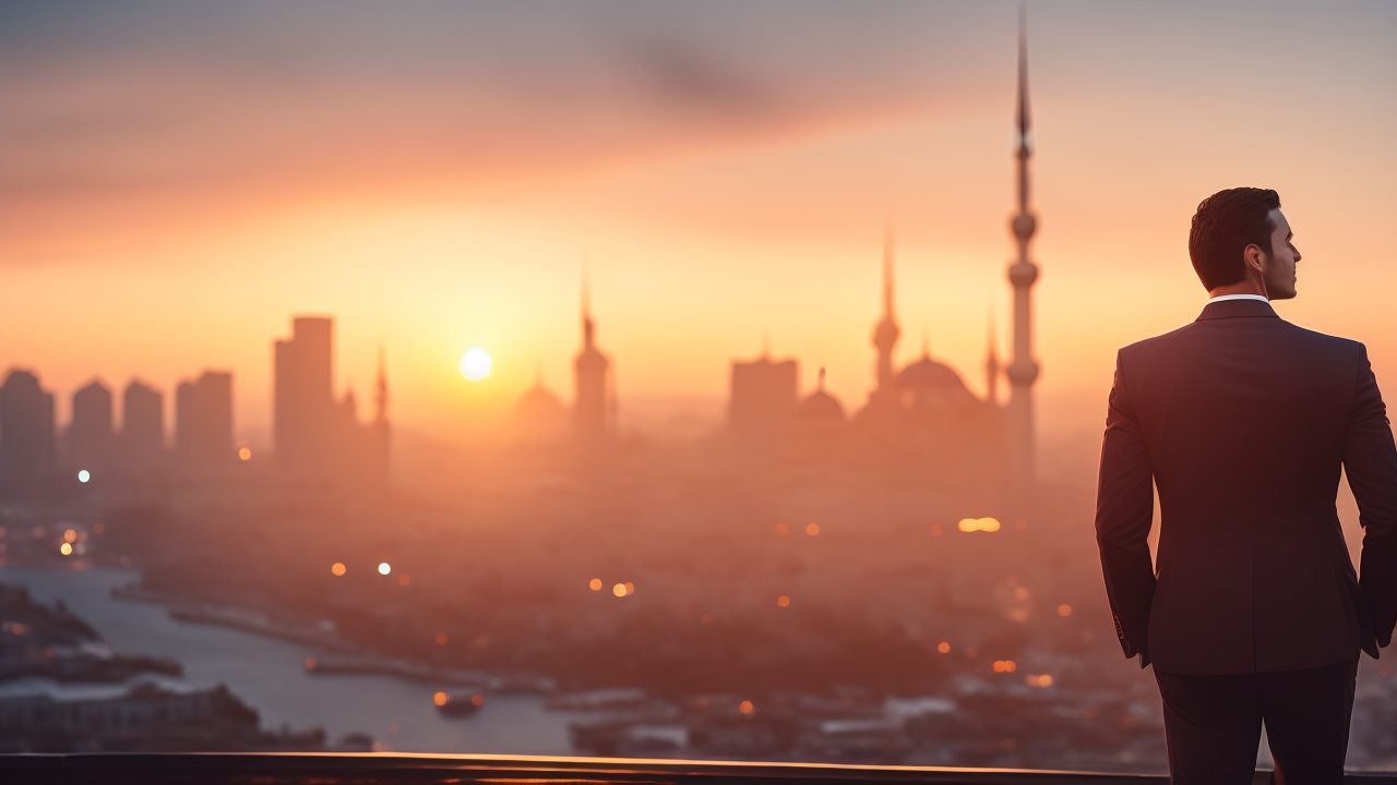A cinematic, editorial-style image of a confident international business professional overlooking a modern Istanbul skyline at sunset, symbolizing fast and strategic market entry into Turkey through streamlined foreign hiring solutions.