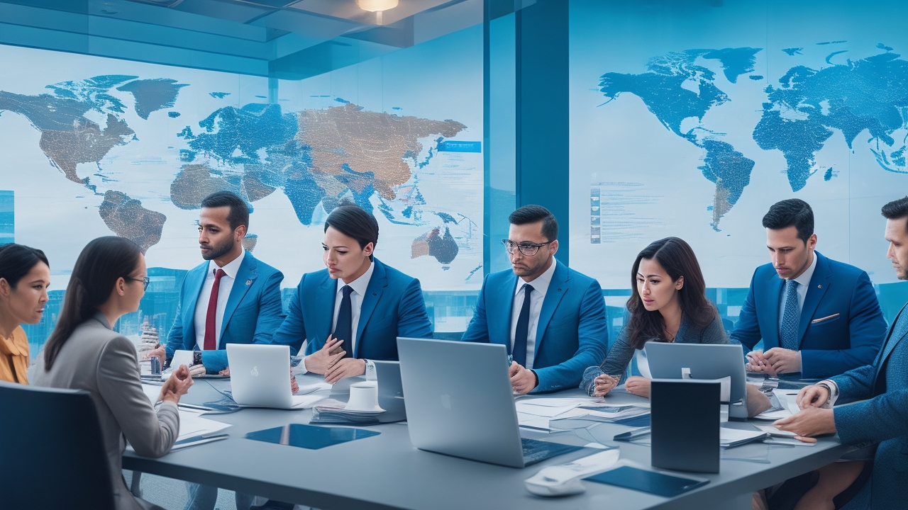 A cinematic, editorial-style image showing a diverse group of professional businesspeople collaborating around a modern office table with a large digital map overlay highlighting Turkey’s strategic location between Europe and Asia, symbolizing seamless international business expansion without physical offices.