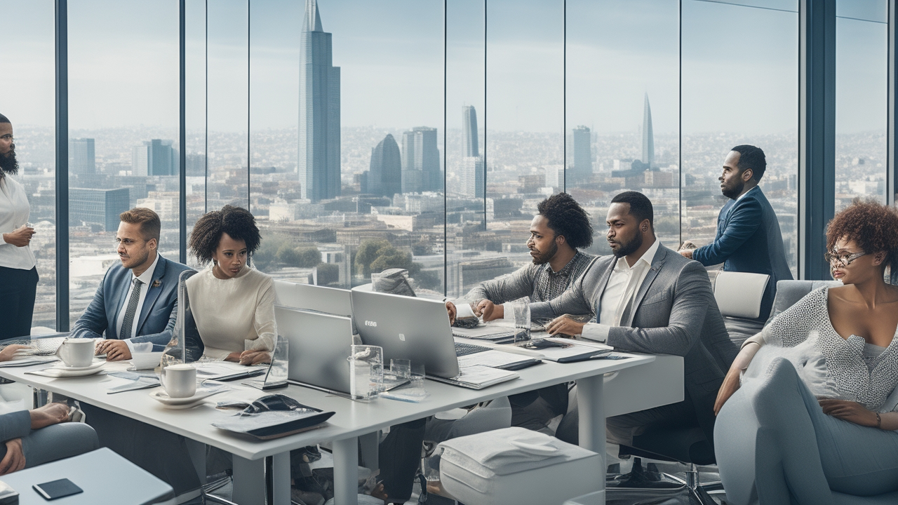 A cinematic, editorial-style image of a diverse group of professionals collaborating in a modern Istanbul office with dynamic cityscape views showcasing Turkey’s blend of technology and culture, symbolizing seamless global hiring and remote team integration through Employer of Record services.