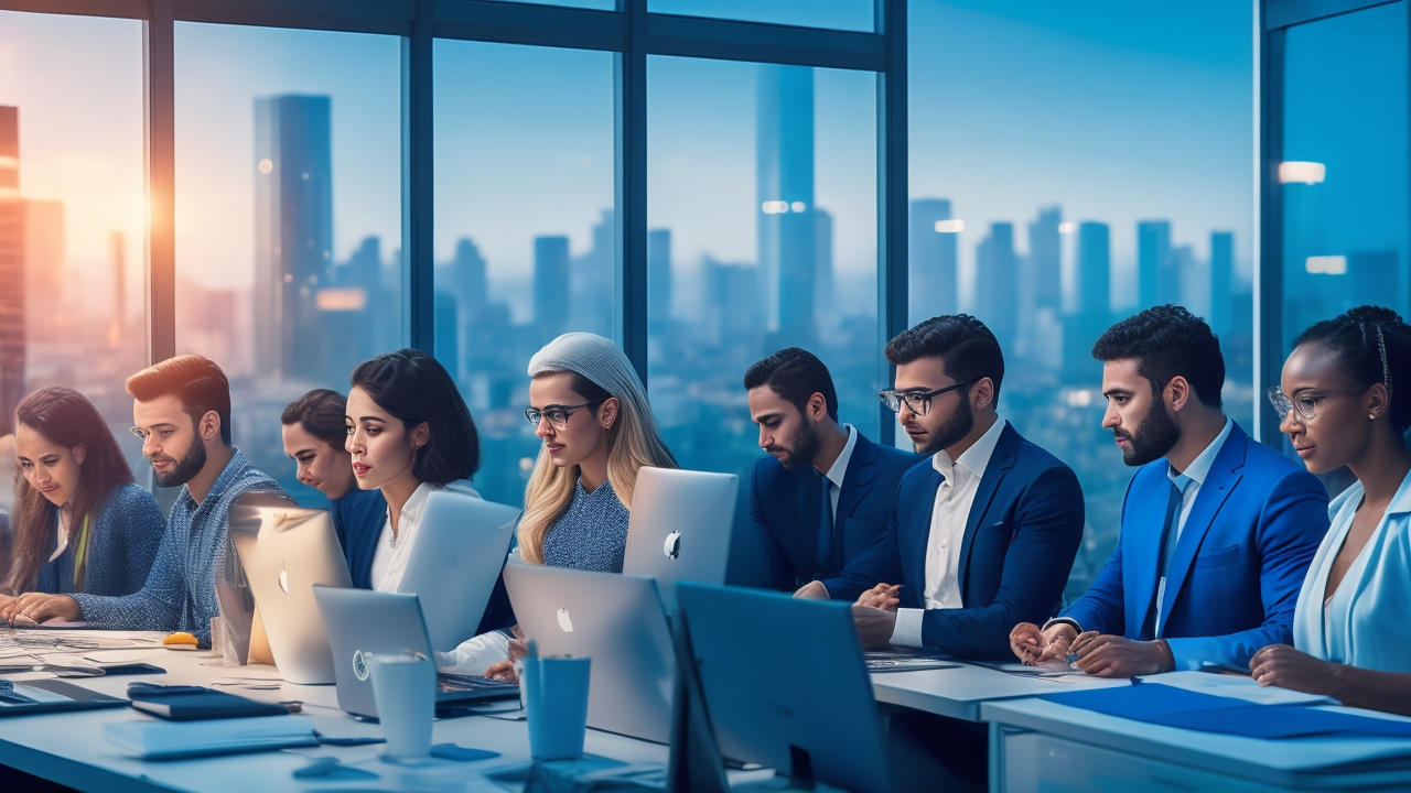 A diverse group of professional tech employees collaborating confidently in a modern office setting with subtle Turkish cultural elements visible through the window cityscape, under warm cinematic lighting that highlights innovation and global teamwork.