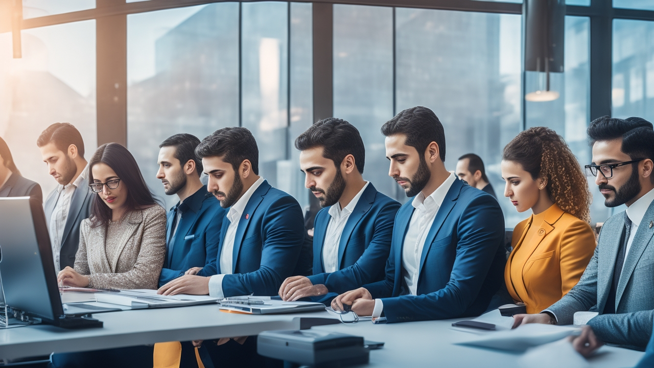 A dynamic, cinematic scene of a diverse group of professional Turkish tech employees collaborating around modern laptops in a sleek, sunlit office with subtle Turkish cultural elements in the background, conveying innovation, compliance, and global business partnership.