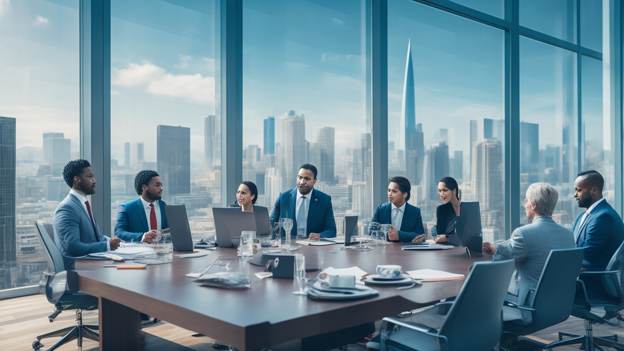 A diverse group of professional businesspeople engaged in a dynamic meeting around a modern conference table with Turkish cityscape visible through large windows, capturing a blend of international collaboration and local expertise in a sleek, cinematic editorial style.