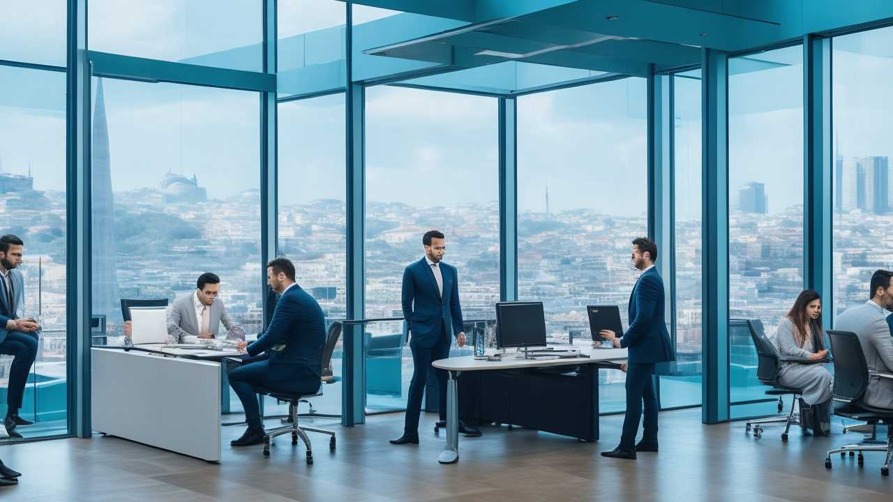 A cinematic editorial image of a confident tech startup team collaborating in a modern Istanbul office with subtle Turkish architectural elements visible through large windows, emphasizing professionalism, payroll compliance, and social security management in a dynamic urban setting.