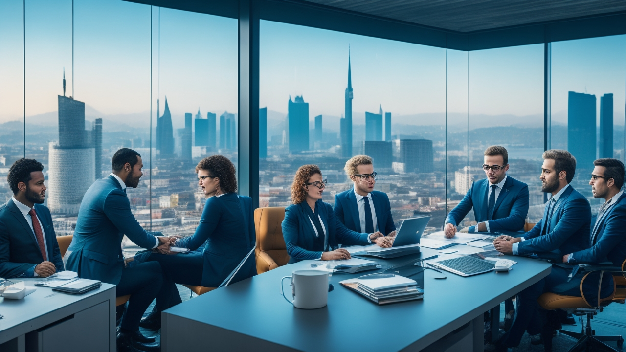 A cinematic editorial photo of a diverse international business team in a modern office overlooking Istanbul’s skyline, discussing strategies with laptops and documents, symbolizing market expansion and compliance navigation in Turkey.