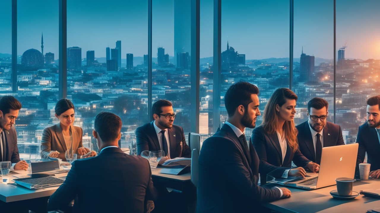 A cinematic, editorial-style image of a diverse group of professional foreigners and Turkish businesspeople collaborating over digital devices in a modern high-tech office, with a backdrop of Istanbul’s skyline at dusk symbolizing innovation, compliance, and global workforce integration.