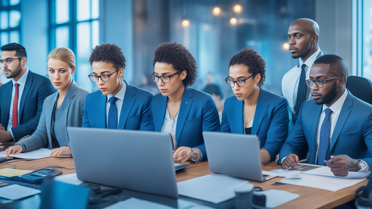 A cinematic editorial photo of a diverse group of focused tech startup founders and investors in a modern office, reviewing legal documents and digital charts on laptops, symbolizing navigating complex employment laws and compliance risks while expanding business into Turkey’s innovation hub.