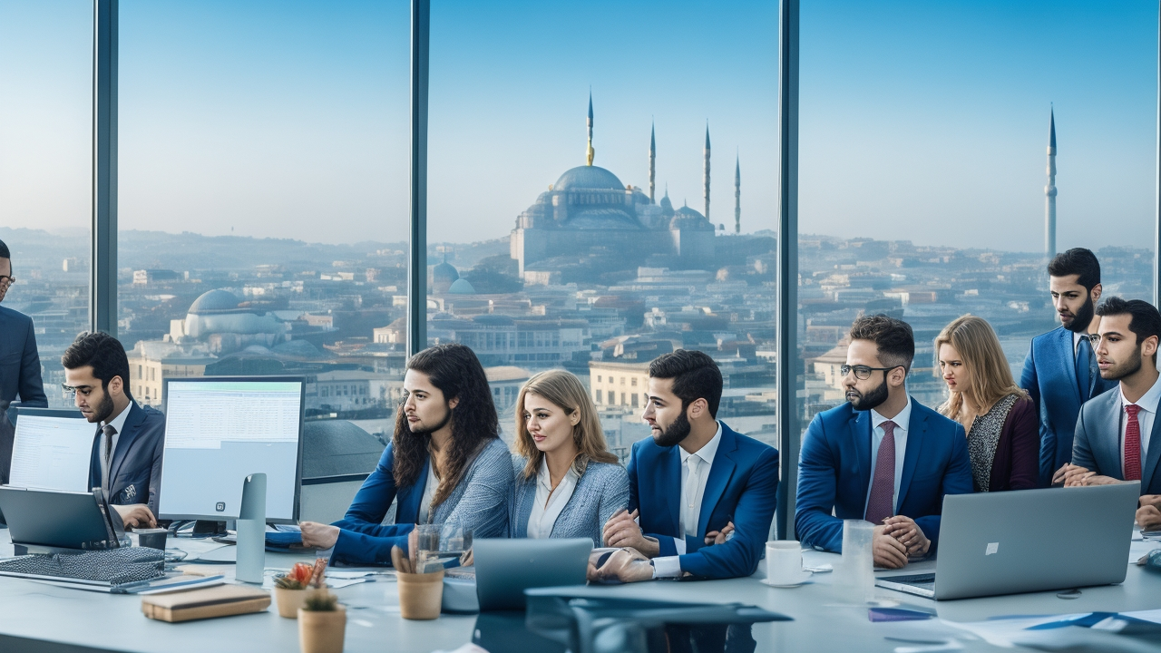 A cinematic editorial photo of a diverse group of young tech professionals collaborating around laptops and digital devices in a modern Turkish office, with Istanbul cityscape visible through large windows, symbolizing global workforce expansion and strategic HR partnership choices.