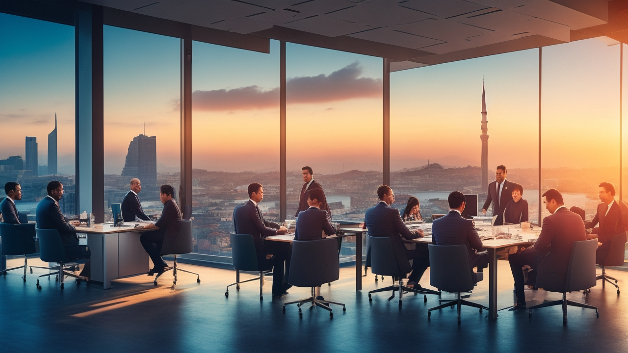 A dynamic, cinematic shot of a diverse team of professionals collaborating around a modern office table with a panoramic view of Istanbul’s skyline at sunset, symbolizing seamless global hiring and cross-border business growth in Turkey.