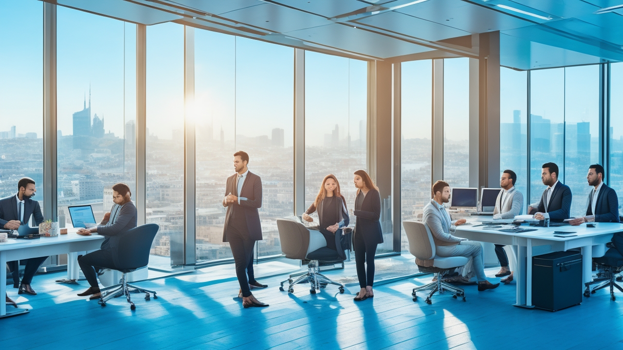 A cinematic editorial photograph of a diverse group of tech professionals collaborating in a modern Turkish office, with warm natural light highlighting dynamic teamwork and inclusive workplace culture amid sleek digital devices and Istanbul cityscape glimpses through large windows.