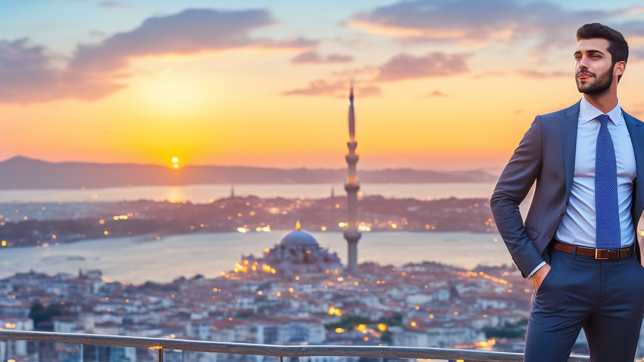 A confident young professional expatriate in smart casual attire stands on a rooftop overlooking Istanbul’s skyline at sunset, with iconic landmarks like the Bosphorus Bridge and modern tech buildings in the background, symbolizing opportunity and innovation.