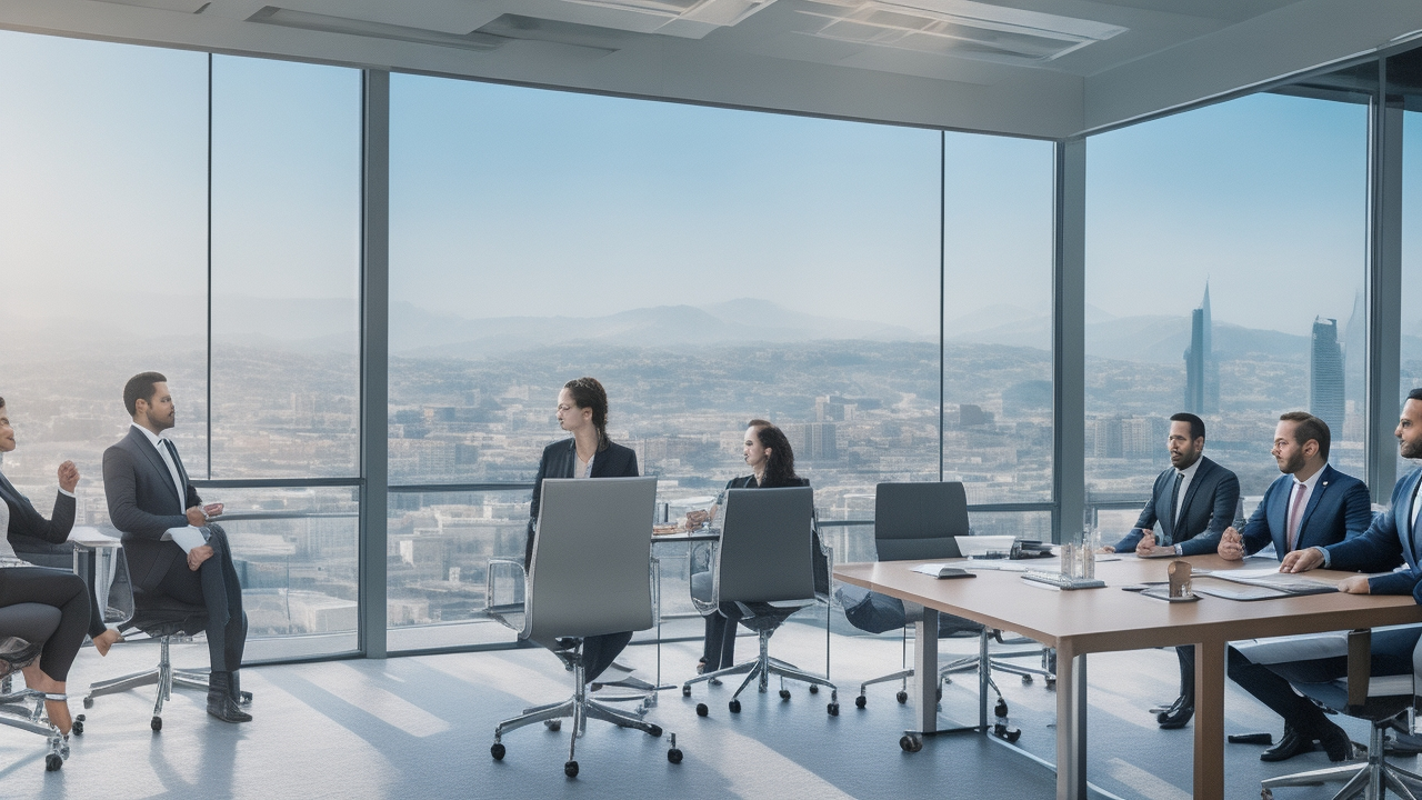 A cinematic editorial photograph of a diverse group of professionals engaged in a confident business meeting around a sleek modern conference table, with Turkish cityscape and subtle high-tech startup office elements visible through large windows in the background, symbolizing employment contracts, legal negotiations, and corporate collaboration in Turkey’s innovation ecosystem.