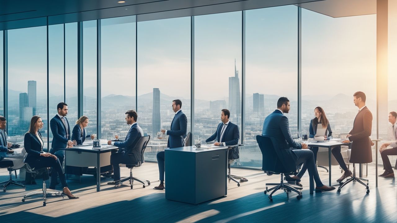 A cinematic editorial image capturing a diverse group of professional European and Turkish businesspeople collaborating in a modern office with cityscape views, symbolizing cross-border partnership, innovation, and seamless teamwork in Turkey’s vibrant startup ecosystem.