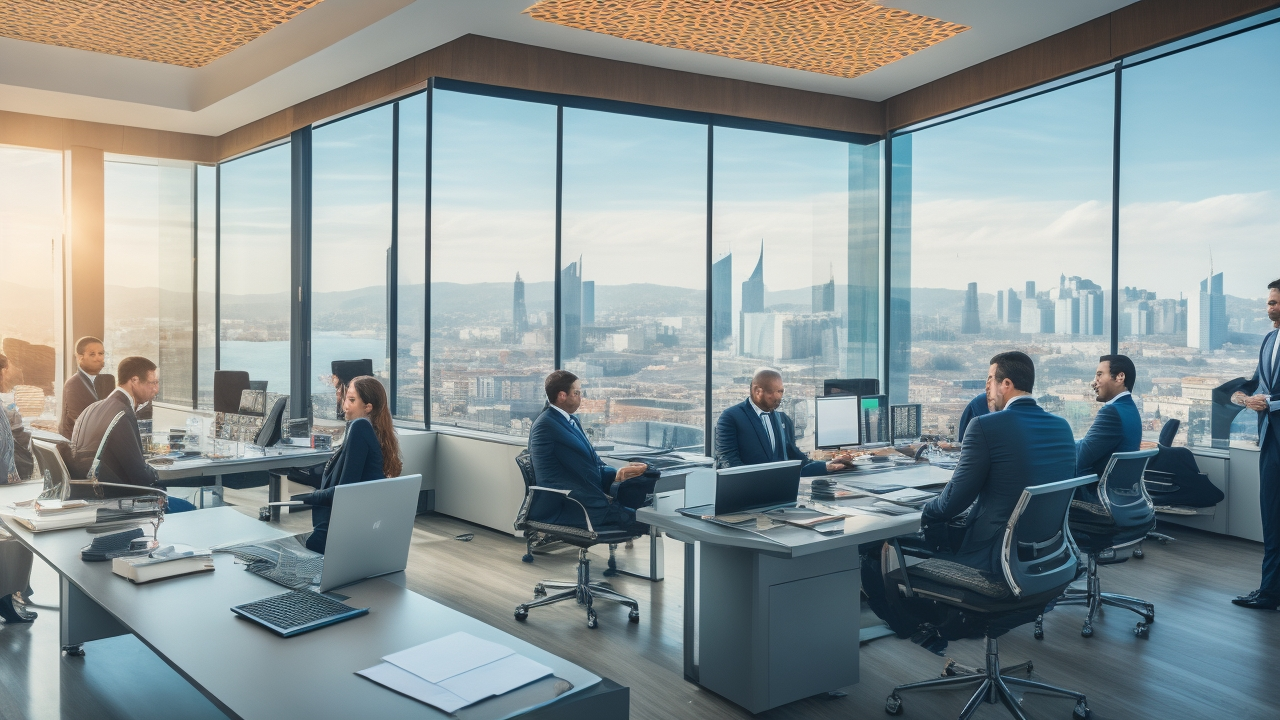 A professional business setting in a modern Turkish office with diverse international executives discussing financial documents and digital tax reports on sleek laptops, bathed in natural light overlooking Istanbul’s skyline, conveying global compliance and strategic EOR tax management.