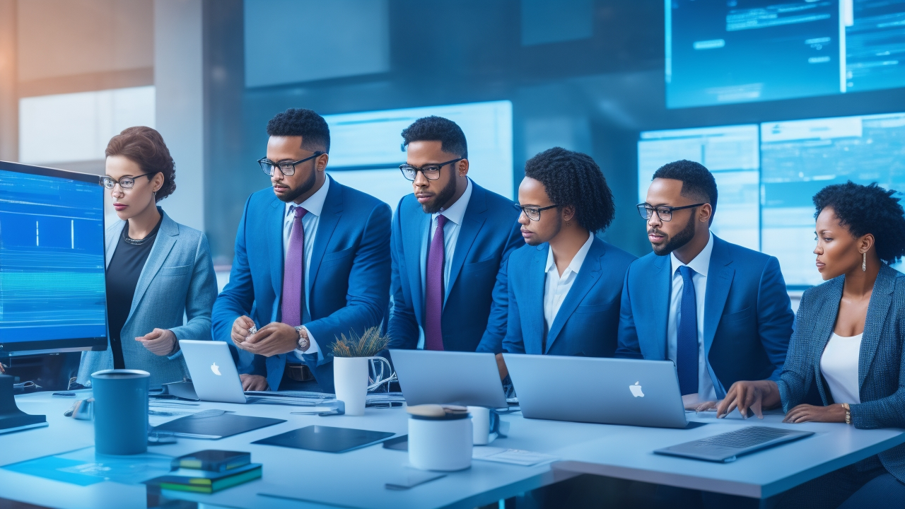 A dynamic, cinematic shot of a diverse group of tech startup founders and investors collaborating around a large digital touchscreen table displaying abstract data visualizations and search interfaces, illuminated by moody, modern office lighting that highlights innovation and smart search strategies in a high-tech workspace.