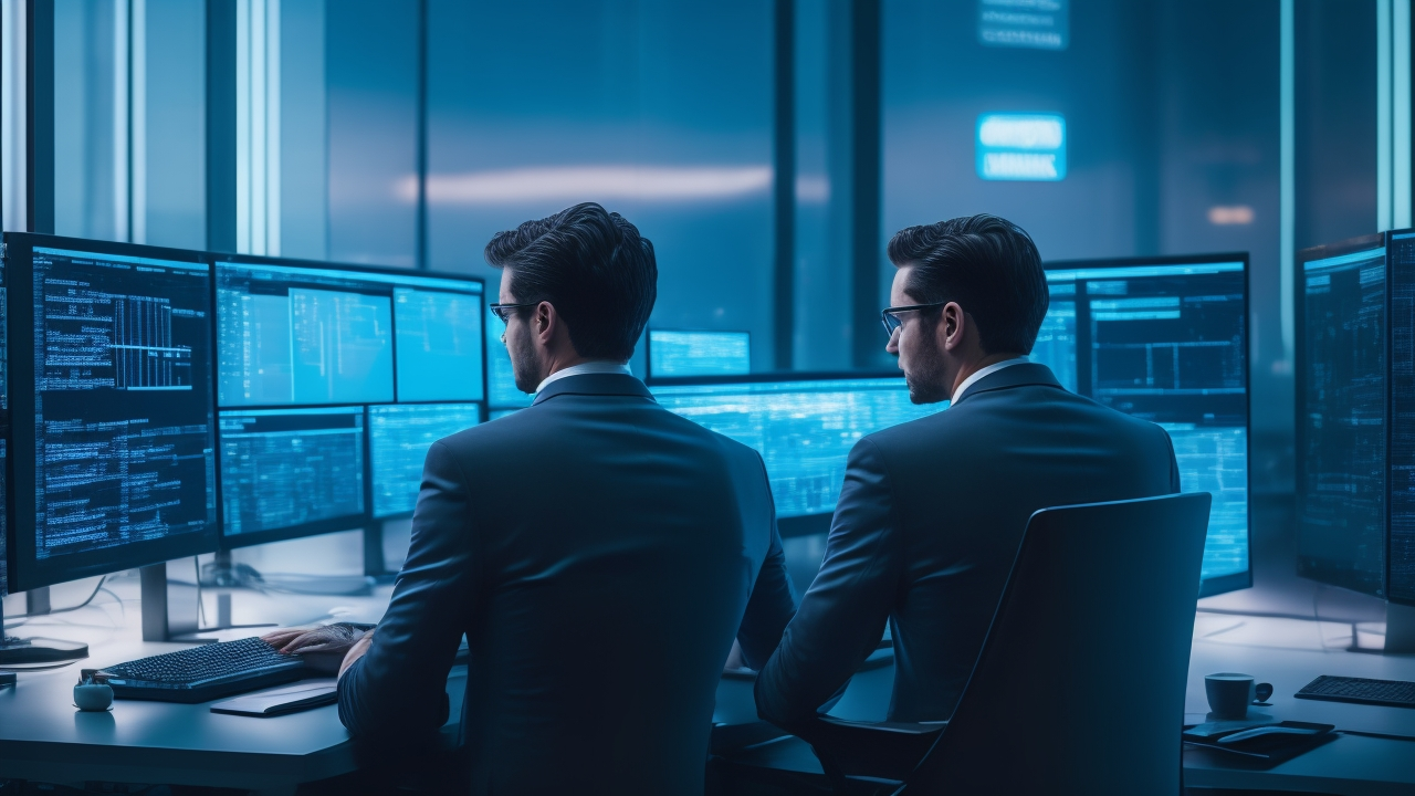 A cinematic editorial shot of a focused professional working at a sleek desk surrounded by multiple glowing screens displaying abstract data and search-related visuals, symbolizing strategic keyword research and subject heading analysis in a modern digital workspace.