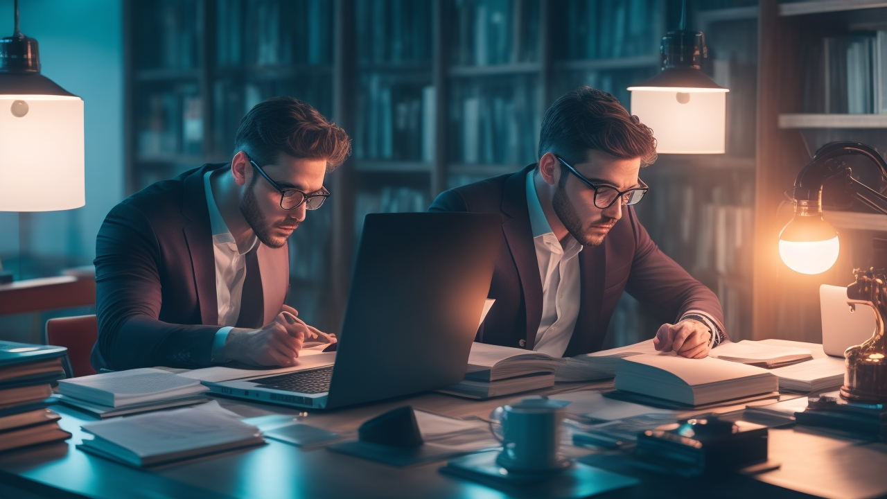 A focused researcher at a modern desk surrounded by open books and a glowing laptop screen displaying search results, with contrasting warm and cool lighting highlighting the dual concepts of broad keyword exploration and precise subject indexing in a cinematic editorial style.