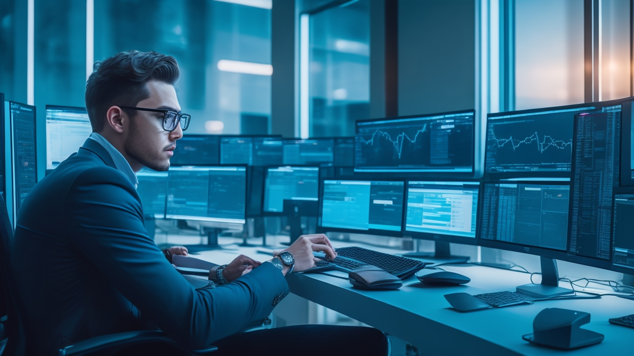 A focused young professional in a modern workspace, thoughtfully analyzing data on multiple sleek screens displaying keyword clusters and digital graphs, illuminated by moody, cinematic lighting that highlights innovation and strategic planning.