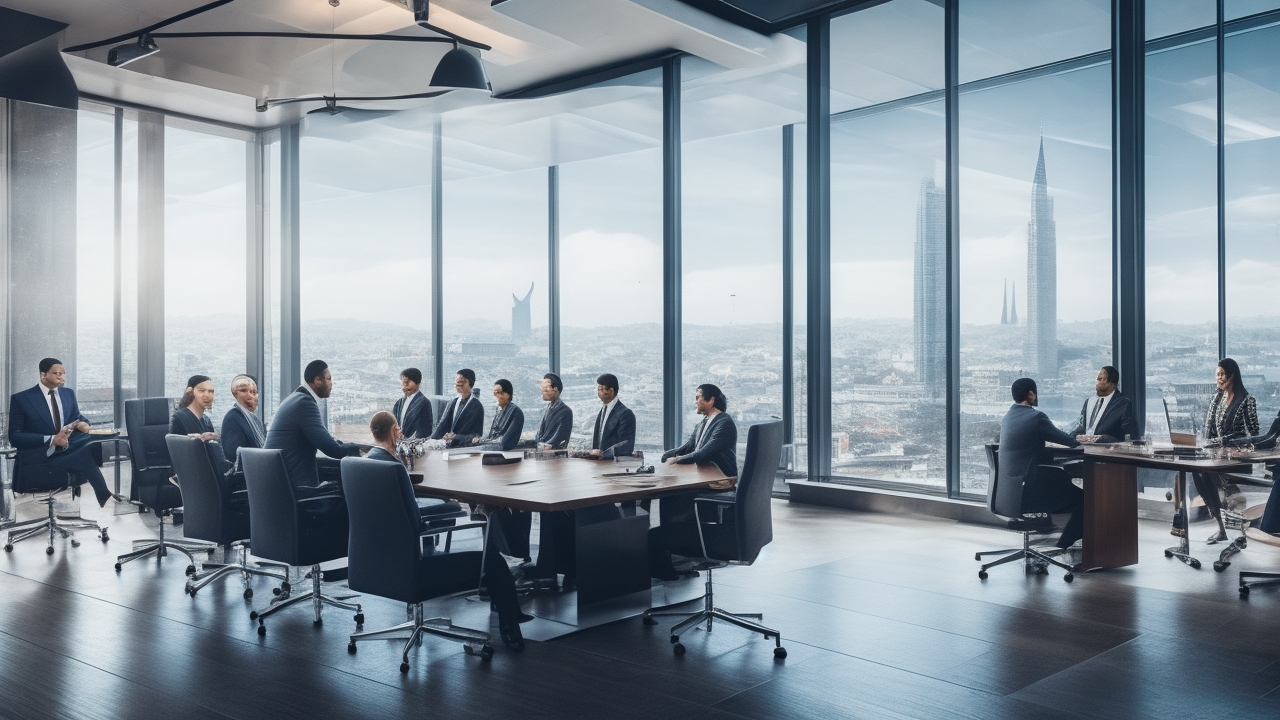 A cinematic editorial photograph of a diverse team of professionals collaborating confidently around a sleek conference table in a modern Istanbul office, with the city skyline featuring iconic landmarks visible through large windows, symbolizing navigating complex business challenges and innovative talent hiring in Turkey.