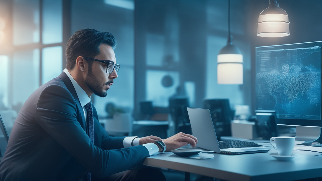A cinematic editorial image of a focused professional researcher at a modern workspace, analyzing complex data and digital search interfaces with glowing keyword and subject tags floating around, symbolizing the dynamic interplay of broad exploration and precise targeting in SEO and academic research.
