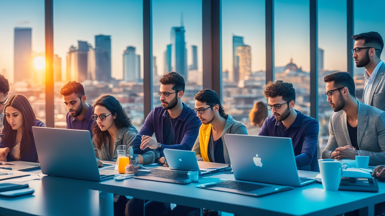 A dynamic, cinematic photograph of a diverse group of young tech professionals collaborating around laptops in a modern Istanbul coworking space, with the city skyline softly blurred in the background, capturing innovation, teamwork, and the vibrant energy of Turkey’s booming tech startup ecosystem.