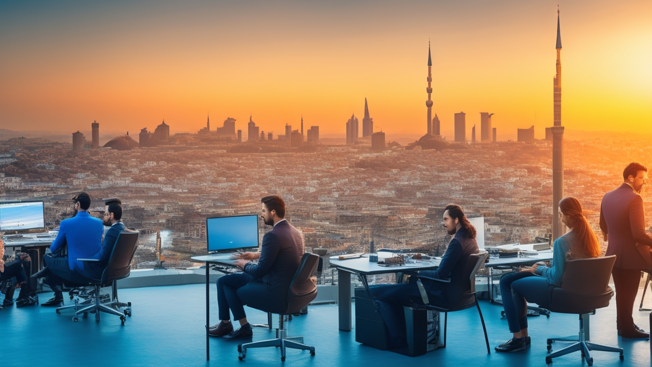 A cinematic editorial photo of a diverse group of tech professionals collaborating around laptops and digital devices in a modern office with panoramic views of Istanbul’s skyline at sunset, symbolizing innovation, growth, and the dynamic Turkish startup ecosystem.