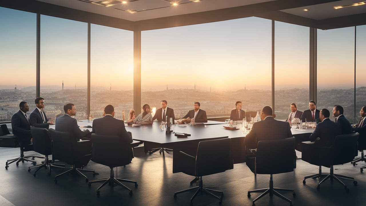 A cinematic editorial photo showing a diverse group of international business professionals engaged in a strategic discussion around a sleek conference table with a panoramic view of Istanbul’s modern skyline and iconic landmarks at sunset, symbolizing global expansion and the dynamic Turkish market.