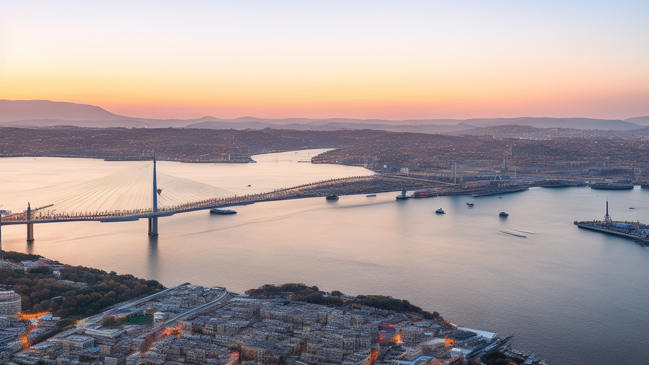 A cinematic aerial view of Istanbul’s modern tech district at sunset, featuring sleek office buildings with glowing windows, diverse professionals collaborating outdoors with digital devices, and the Bosphorus Bridge subtly visible in the background, capturing the dynamic growth and innovation ecosystem of Turkey’s tech startup scene.