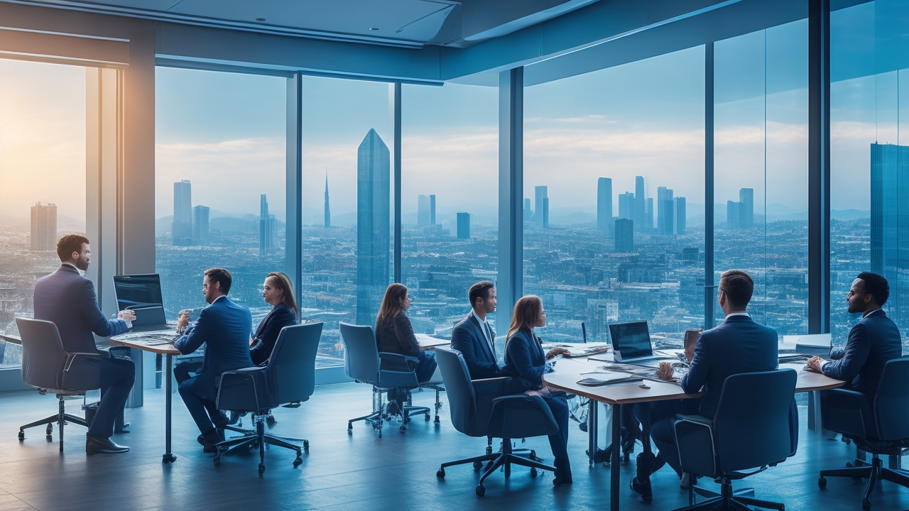 A cinematic editorial photo of a diverse team of professionals collaborating in a modern office with Turkish cityscape visible through large windows, symbolizing seamless global hiring, payroll management, and compliant business expansion in Turkey.