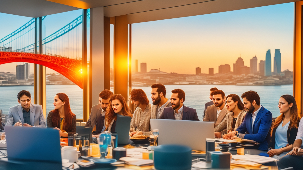 A dynamic, cinematic editorial image of a diverse group of young tech entrepreneurs collaborating in a modern co-working space in Istanbul, with panoramic cityscape views highlighting the Bosphorus Bridge and iconic skyline at sunset, symbolizing innovation, global connectivity, and the thriving startup ecosystem in Turkey.