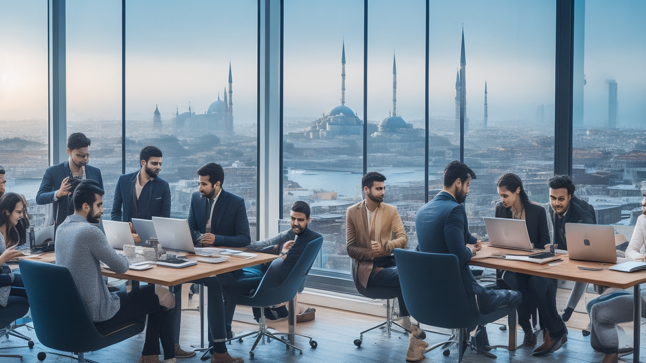 A cinematic, editorial-style photo capturing a diverse group of young Turkish tech entrepreneurs collaborating around laptops in a modern coworking space with Istanbul’s skyline softly blurred in the background, symbolizing innovation, growth, and seamless global hiring.