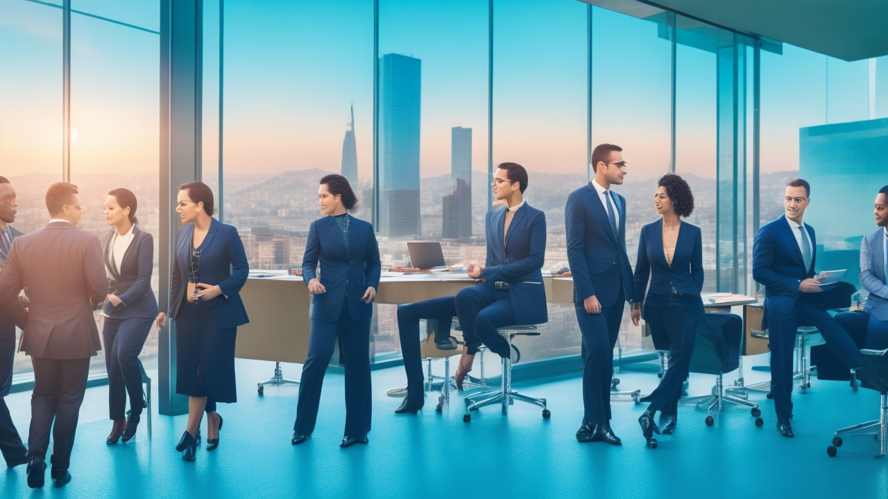 A cinematic editorial image showing a diverse group of professional businesspeople collaborating confidently in a modern office with a city skyline in the background featuring iconic Turkish architecture subtly visible, symbolizing global companies efficiently entering the Turkish market through streamlined HR and compliance solutions.