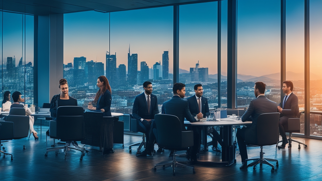 A cinematic editorial photo of a diverse group of business professionals collaborating confidently in a modern office with a subtle backdrop of Istanbul’s skyline at dusk, symbolizing seamless global companies expanding into Turkey’s innovative tech market through trusted Employer of Record services.