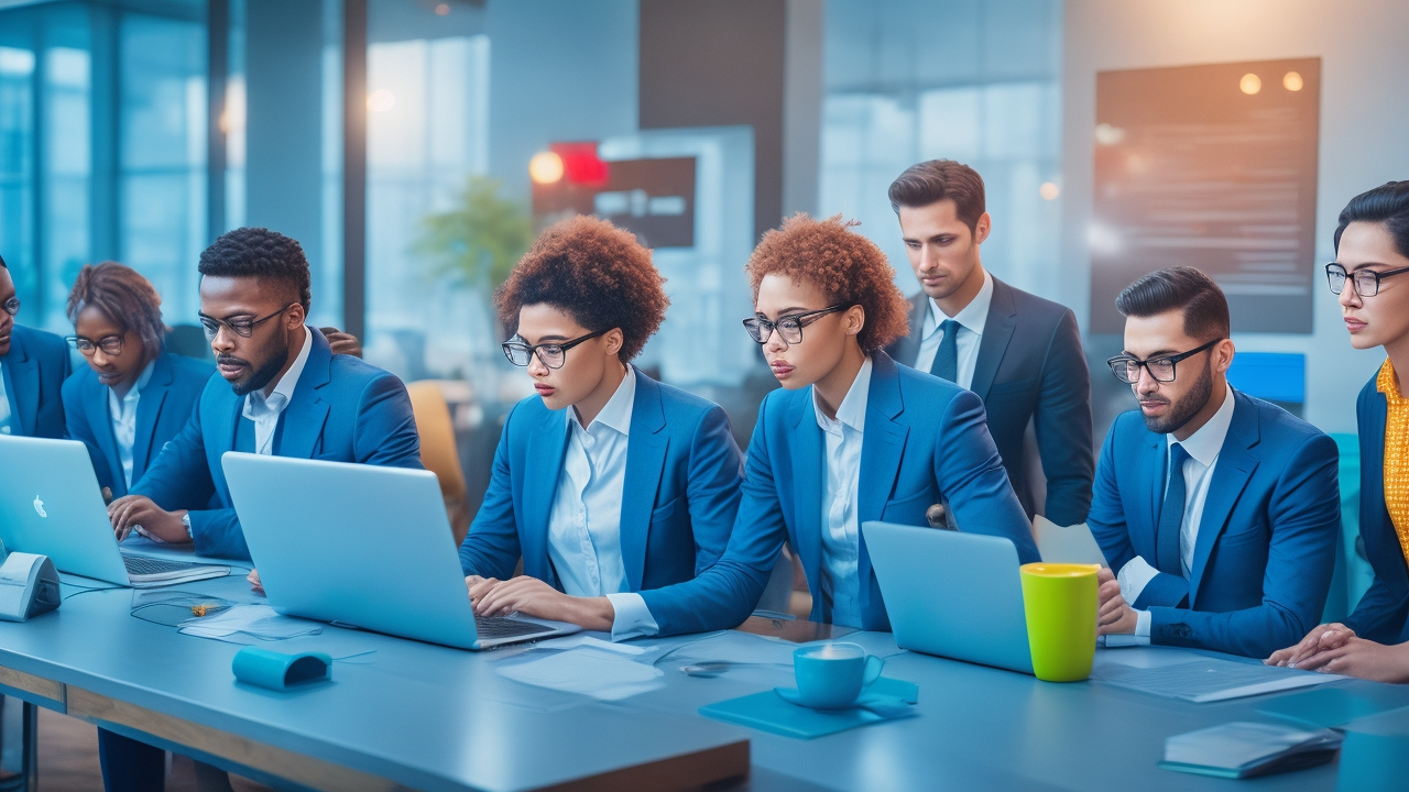 A cinematic editorial photo of a diverse team of professionals collaborating over digital devices and strategic charts in a modern office, symbolizing the dynamic interplay of topics and keywords in a future-proof SEO content strategy.