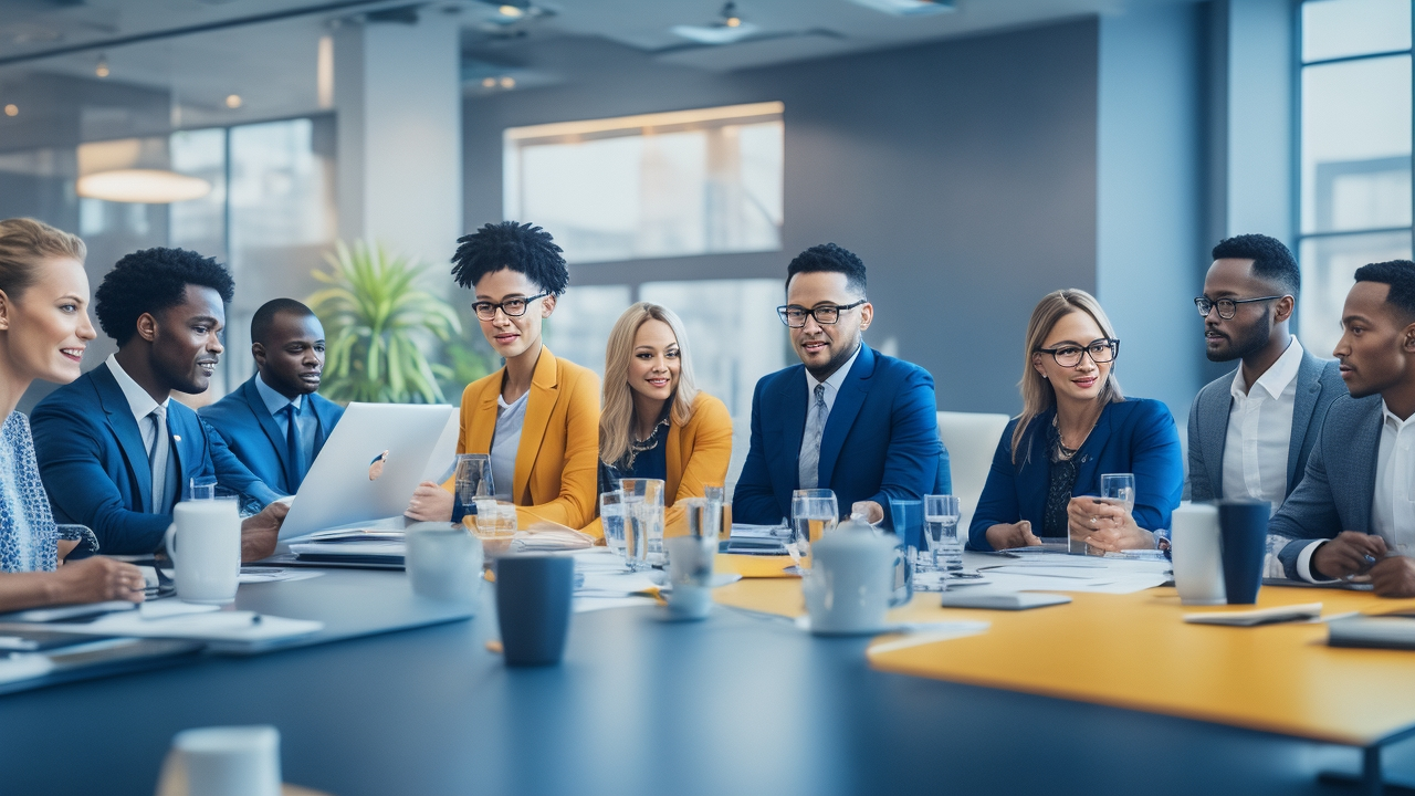A diverse group of professional colleagues from multiple cultural backgrounds collaborating warmly around a modern conference table in a bright, stylish office, captured with cinematic lighting and a shallow depth of field that emphasizes connection and teamwork across borders.
