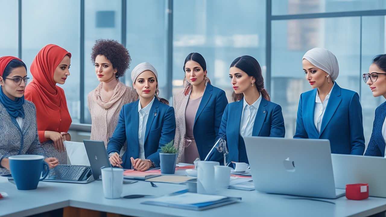 A cinematic editorial photograph of a diverse group of professional Turkish women collaborating confidently in a modern office setting, symbolizing empowerment and inclusion in the workforce.