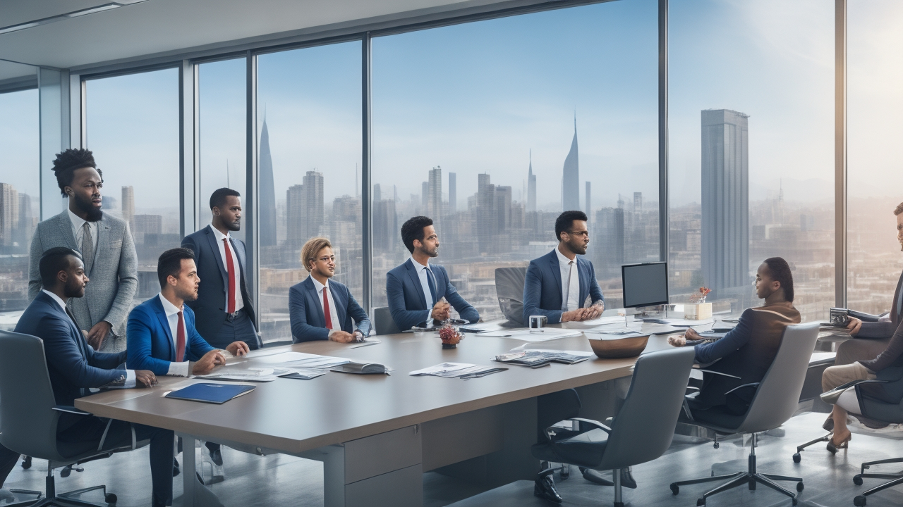 A professional, cinematic image showing diverse business professionals in modern office attire collaborating around a desk with Turkish cityscape views through large windows, symbolizing seamless employee relocation and global mobility to Turkey facilitated by expert HR and Employer of Record services.
