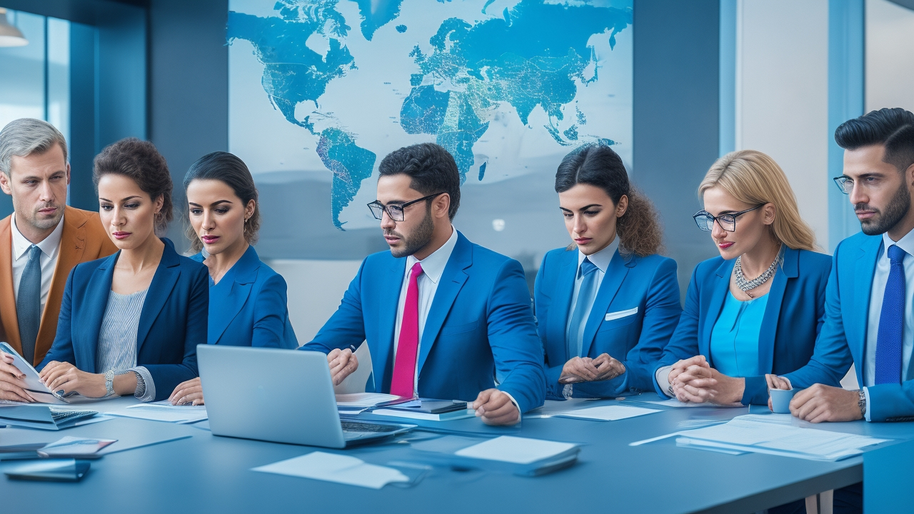 A cinematic editorial image showing a diverse group of professional businesspeople in a modern office environment, engaged in a focused discussion over digital tablets and laptops displaying world maps highlighting Turkey and the MENA region, symbolizing cross-border HR compliance and workforce risk management.