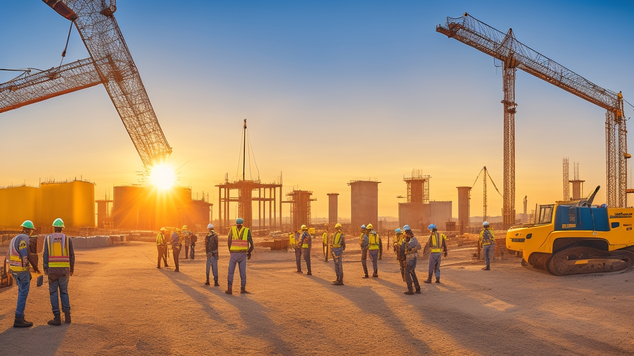 A cinematic, wide-angle shot of a diverse construction site in Turkey at golden hour, featuring active workers wearing safety gear coordinating efficiently amid heavy machinery and modern infrastructure, capturing the dynamic and complex management of workforce on a large-scale urban development project.