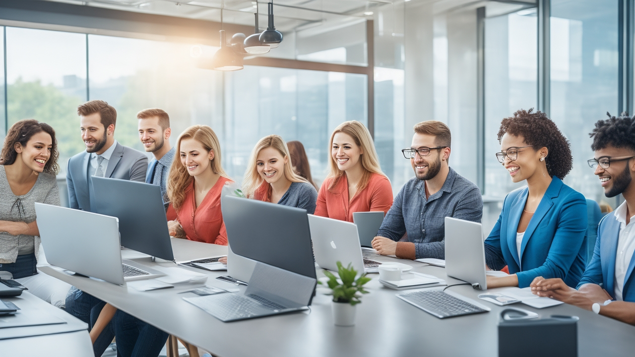 A diverse group of confident, engaged tech professionals collaborating in a modern office space with warm natural light, symbolizing workforce stability and employee retention through supportive teamwork and innovative HR strategies.