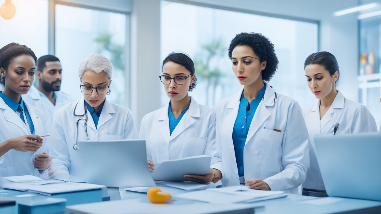 A cinematic, editorial-style image of diverse healthcare professionals and pharmaceutical researchers collaborating in a modern Turkish medical laboratory, surrounded by regulatory documents and digital compliance interfaces, highlighting licensed workforce management and clinical HR compliance.