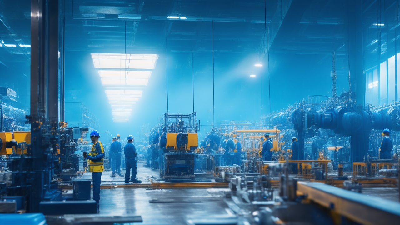 A cinematic editorial image of a busy Turkish manufacturing factory floor with diverse blue-collar workers wearing safety gear, engaged in assembly and machine operation under bright industrial lighting, capturing a sense of organized scale, compliance, and modern industrial productivity.