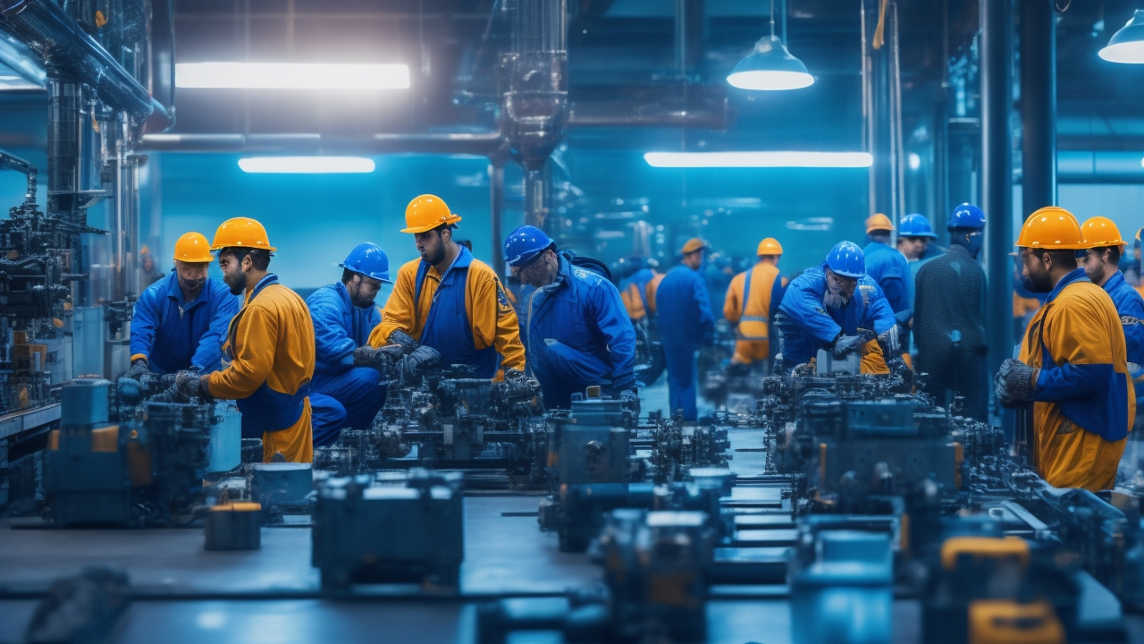 A cinematic editorial photograph of diverse blue-collar factory workers in safety gear collaborating efficiently on an active manufacturing floor in Turkey, showcasing teamwork, industrial machinery, and a dynamic multi-shift production environment under bright, natural factory lighting.