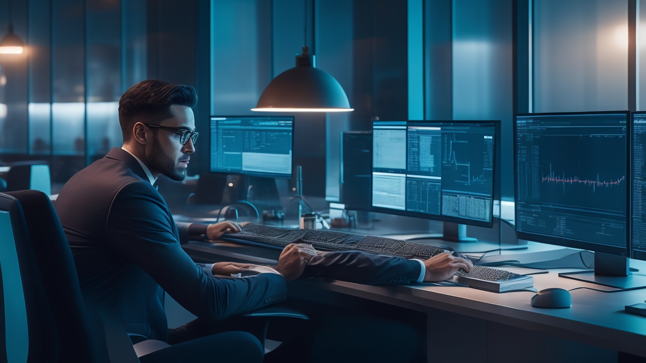 A focused entrepreneur working late at a modern desk with multiple screens displaying organized charts and keyword research data, illuminated by warm cinematic lighting that conveys clarity and strategic content creation in a tech startup environment.