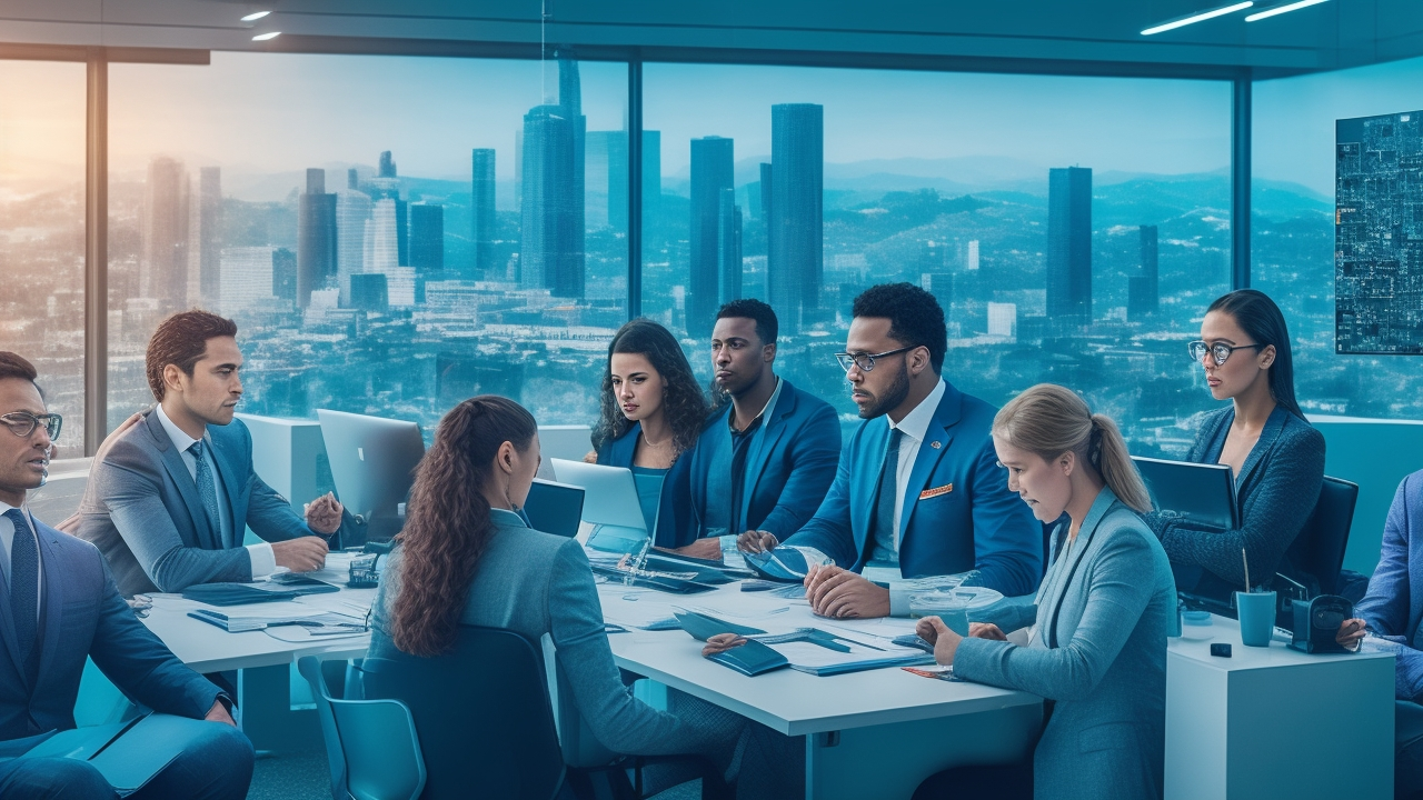 A dynamic cinematic editorial image of a diverse group of modern professionals collaborating in a sleek high-tech office with digital interface overlays and holographic data visuals subtly reflecting Turkey’s urban skyline and symbols of innovation, capturing the energy of workforce modernization and digital transformation for Turkey’s 2030 vision.