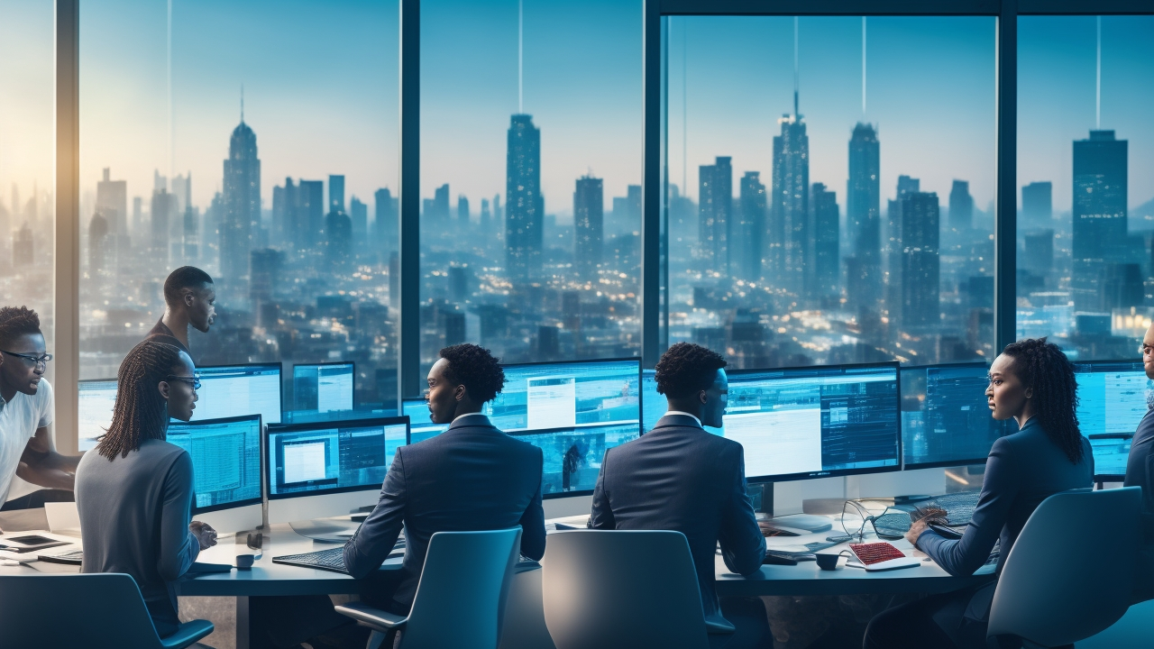 A cinematic, editorial-style image of a diverse team of software developers collaborating remotely across multiple screens and global cityscapes visible through windows behind them, symbolizing seamless worldwide tech teamwork powered by Employer of Record services.