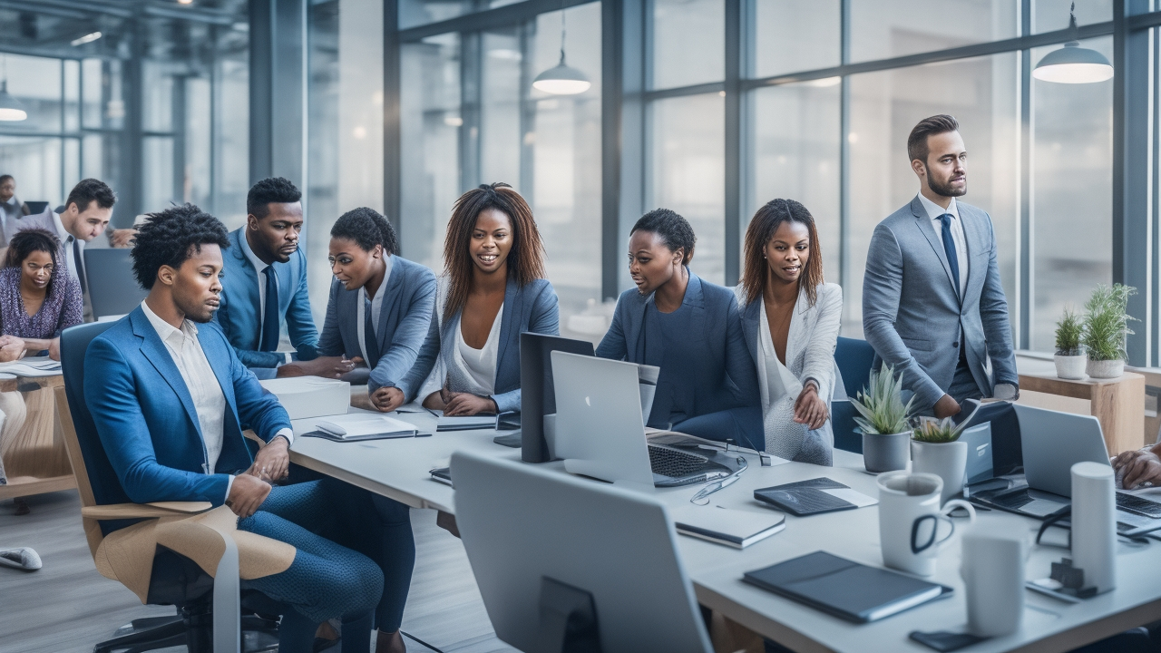 A diverse group of professional employees collaborating in a modern, well-lit hybrid office space with some working on laptops remotely visible through large windows, symbolizing seamless global teamwork enabled by Employer of Record partnerships.