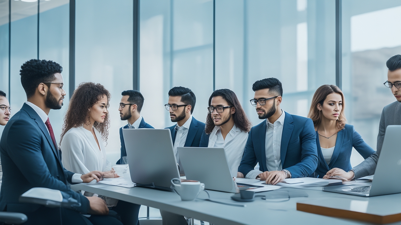 A cinematic editorial photograph of a diverse team of young professionals collaborating around a laptop in a modern Istanbul tech startup office, featuring warm natural light, sleek minimalist design, and digital data visualizations subtly reflected on glass walls to evoke streamlined HR automation and strategic innovation.